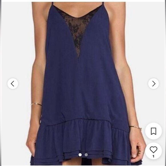 Lovers + Friends Lace Neck Straps Viscose Dress in Navy Blue - Picture 1 of 8